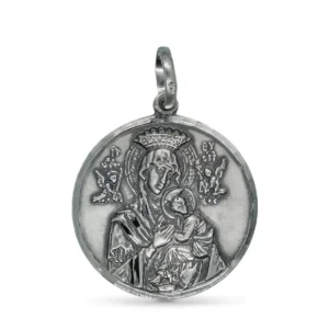 Medalla Virgen del Perpetuo socorro en plata de ley con forma redonda.