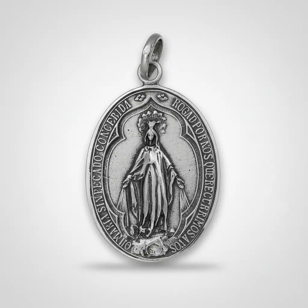 Medalla Milagrosa de plata de ley 925, anverso con la Virgen María, para protección y devoción